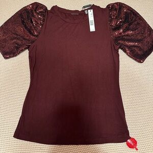 Tahari Sequin Sleeve Burgundy Top size S, NWT